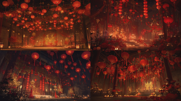 国风美学，土匪山寨，婚礼现场布置，夜晚，正厅婚礼场景，喜庆氛围，红色灯笼高挂，流苏装饰，金色双喜字，木质大厅结构，石墙背景，暖色调烛光照明，灯笼光影，传统中式婚礼布置，古风建筑，电影感构图，8k超高清，细节丰富