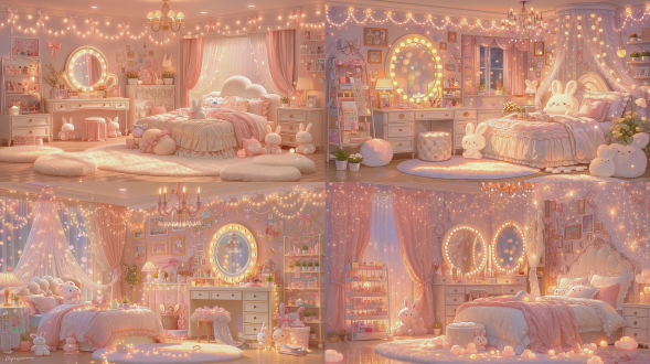 princess style bedroom for rich heiress, warm sweet cozy atmosphere, pastel pink and milk white color scheme, round cloud-shaped bed, lace pillow, fluffy rabbit plush everywhere, fluffy rug, vanity table with mirror surrounded by warm ring light, transparent cosmetic storage rack, wall decorated with photo wall and ribbon decorations, soft warm ambient lighting, small hanging chandelier, window with pink tulle curtain, potted small succulents, neat and delicate space, gentle diffused light, interior shot, hyperrealistic, exquisite decoration details, bokeh background