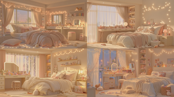 warm cream-style girl's bedroom in a luxury villa, modern simple interior with cute personal details, lived-in cozy atmosphere, no show room feeling, milk white, light beige and soft pink accents, large soft bed with layered bedding, slightly messy sheets, fluffy plush toys, cute rabbit and bear dolls, soft cushions, knitted throw blanket, large floor-to-ceiling window with sheer curtains, warm natural light, wooden vanity table with daily cosmetics, skincare bottles, hair accessories, perfume and small jewelry box, open shelf with books, polaroid photos and small ornaments, warm hidden lighting, soft fairy lights, clean but naturally used space, realistic texture, comfortable sweet atmosphere, photorealistic, high detail