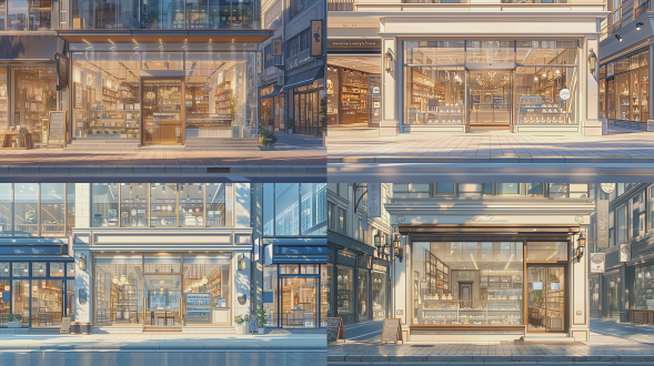 网红商业街街景，画面以精致精品咖啡店为主体，正对咖啡店正门拍摄，咖啡店为视觉中心，完整清晰的门店门面，全景落地透明玻璃橱窗，店内精致装修清晰可见，奶油风简约店内装潢、柔和暖光、极简高级咖啡店内陈设，干净高级质感。街道两侧皆是装修精致的网红精品店铺，统一网红轻奢装修风格，门店整齐干净、招牌精致整洁，街道干净通透，柔和自然日光，清新暖调氛围，城市休闲街景，街拍视角，超高细节，对焦清晰，景深层次，8k超清，真实质感