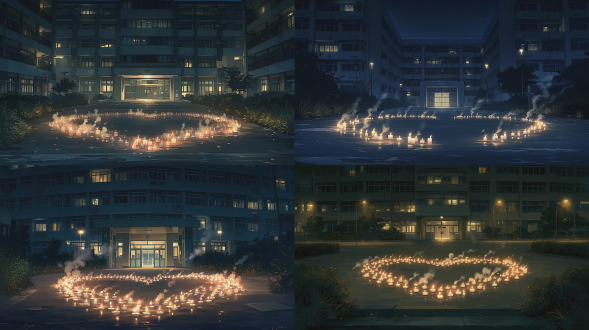 大学校园男生宿舍楼门口夜景，宿舍楼大门居于画面正中心，纯场景拍摄、无人物，贴合国内普通高校宿舍楼建筑样貌，外立面真实接地气，宿舍走廊窗户整齐排布，深夜校园环境静谧肃穆。宿舍门前平整地面上，用无数小型石蜡蜡烛规整摆成标准对称爱心造型，完全贴合现实摆放物理逻辑，蜡烛间距均匀、爱心轮廓工整对称，烛火自然柔和摇曳，溢出细碎暖光光斑，稀薄白烟缓缓升腾飘散，动态真实自然。周边校园路灯晕开暖黄柔光，夜色暗沉静谧，零星宿舍窗户透出微弱室内余灯，夜空干净漆黑，门前路面平整干净，道路两侧低矮绿植错落，晚风轻拂让烛火轻微晃动，烛光柔和倒映在地面，夜景光影层次丰富，写实氛围感拉满，电影级夜景质感，景深构图舒适，8k超清画质，细节真实不浮夸。