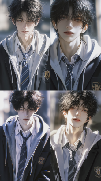 真人，清冷校霸学长，校服（西装+条纹领带+连帽内搭，有校徽），耳机线，校园风，青春暗恋感、光影清新，反差感（校霸的温柔瞬间）美男子，18岁，年轻，少年感，帅气，黑色长发蓬松，发丝凌乱，微分碎盖，宽肩窄腰，光线照在头发丝上，光影细腻，精致五官，慵懒感，面部特写，皮肤白皙，冷白皮，皮肤惨白，漫画感，清冷禁欲，拽拽的，病娇感，背景模糊，朦胧美感少年