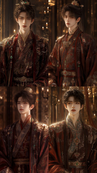 ancient chinese aristocratic young master, peerless handsome, delicate facial features, elegant temperament, rich noble family son, luxurious dark red brocade robe, cloud pattern embroidery, gold and jade inlays, wide silk sleeves, jade waist pendant, carved wooden hairpin, indoor ancient mansion background, soft warm ambient light, realistic rendering, intricate fabric texture, sharp focus, ultra detailed, masterpiece