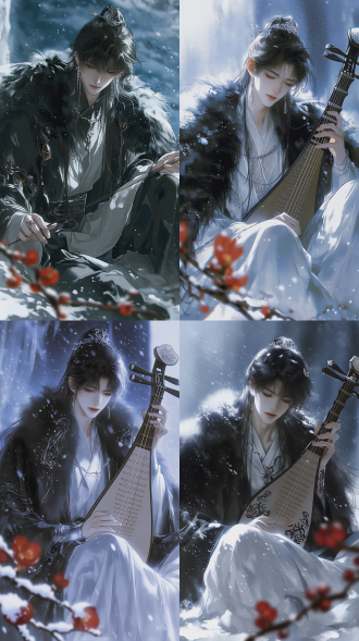 角色全身图，8.5头身高，half-realistic simulation style, thick-coated realistic style. ancient chinese style, male, black long straight hair, mature male, slightly bowing his head, with a coiled hairstyle, silver hairpin, wearing the inner part of the ancient chinese han costume, white inner clothing, black fox fur coat as the outerwear, sitting in a cross-legged position, holding an ancient chinese pipa in his hand, the action and posture of the character playing the pipa, snowy background, snowfall, cold color tone, cold feeling, side light, weak sunlight, snow, in the foreground there is a blurred red plum blossom.