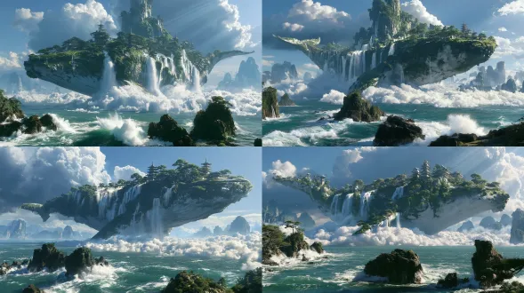 epic xianxia fantasy landscape, giant ancient whale transformed into sacred floating mountain, entire body covered in weathered stone, lush moss, ancient pine trees, multiple traditional oriental pagodas and taoist temples built on its ridge, hundreds of spectacular waterfalls cascading down the rocky whale sides, floating above surging sea of clouds, foreground is rough turquoise ocean with crashing white waves and jagged dark rocks, distant mist shrouded ink wash style karst peaks, dramatic crepuscular sunbeams breaking through heavy dramatic storm clouds, god rays, hyperrealistic, 8k, ultra detailed, cinematic volumetric lighting, wide full panoramic composition, awe inspiring magnificent sense of scale