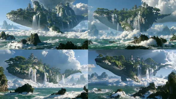epic xianxia fantasy landscape, giant ancient whale transformed into sacred floating mountain, entire body covered in weathered stone, lush moss, ancient pine trees, multiple traditional oriental pagodas and taoist temples built on its ridge, hundreds of spectacular waterfalls cascading down the rocky whale sides, floating above surging sea of clouds, foreground is rough turquoise ocean with crashing white waves and jagged dark rocks, distant mist shrouded ink wash style karst peaks, dramatic crepuscular sunbeams breaking through heavy dramatic storm clouds, god rays, hyperrealistic, 8k, ultra detailed, cinematic volumetric lighting, wide full panoramic composition, awe inspiring magnificent sense of scale