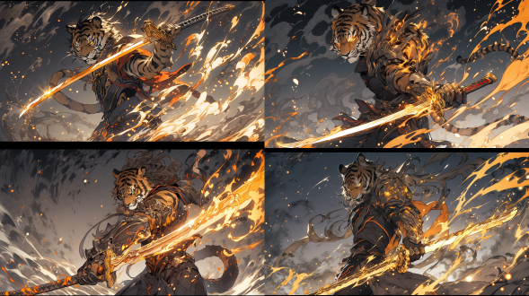 动漫风格，人身虎尾的角色，虎纹皮肤金黄橙黑，站在缭绕的云雾中，手持一把发光长剑，眼神锐利充满决心，动态构图，仰角拍摄，超广角镜头，高对比度，冷色调，背光效果，迷雾环绕，剑光闪烁，威严感，史诗氛围。