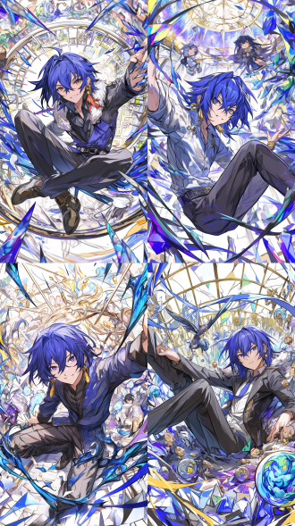 c4d游戏风格，东方武侠少年，黑色蓬松短发带自然卷翘，淡紫色毛领披风搭配深蓝暗纹上衣，白色束脚裤带金云纹刺绣，黑金腰带配金属挂饰，金色耳坠橙色流苏，战斗形态浅紫云纹长袍配黑衬，蓝紫龙纹光效武器。立绘慵懒坐姿中式古建背景蓝光环绕，全身像挺拔站姿淡紫水墨背景，特写聚焦脸部耳饰虚化背景，战斗场景奇幻环境萌系伙伴持发光武器英武姿态。蓝紫金白主色调，少年意气东方玄幻感，高精度建模，动态光影，粒子特效，景深控制，材质细节，卡通渲染，戏剧性构图，氛围感强烈，情绪张力。