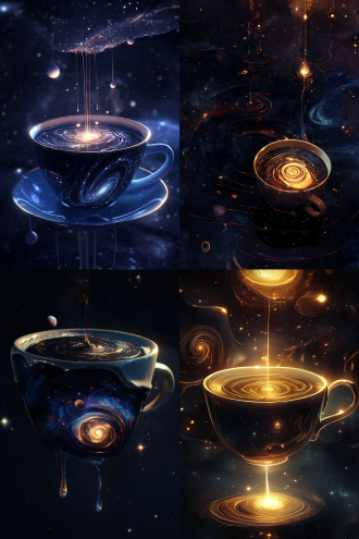 陶瓷咖啡杯漂浮在黑暗宇宙中，手绘波纹转化为发光的克莱因瓶结构，扭曲星系与垂死星辰被囚禁其中，杯身微裂漏出二进制瀑布，黑暗忧郁哲学氛围，电影级光影，超精细细节，辛烷渲染，形而上科幻风格，暗黑宇宙色调，杯体单点暖光突出，