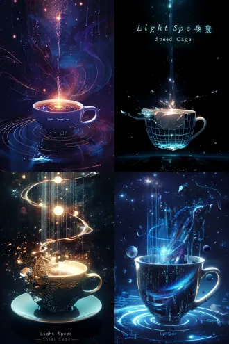 科幻小说《光速牢笼》封面，陶瓷咖啡杯漂浮于黑暗宇宙中，杯面手绘涟漪化为发光克莱因瓶结构，囚禁扭曲星系与垂死恒星，杯身微裂，二进制代码瀑布般渗入虚空，黑暗忧郁哲学氛围，电影级光线，超精细细节，octane渲染，形而上科幻艺术风格，暗黑宇宙色调，杯子单点暖光高光。