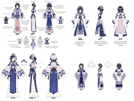沪剧戏曲表演者，海派温婉灵动少女，7 头身二次元少女体型，冷白皮杏眼，柔和鹅蛋脸型，乌黑盘发搭配简约沪剧旦角银质花卉头簪、薄纱发带；服装提取沪剧滩簧戏服元素，改良现代二次元剪裁，淡粉、湖蓝、米白主色调，衣摆袖口刺绣江南花卉纹样，轻薄水袖做简化游戏化处理，立领斜襟短袄搭配层叠纱质长裙，腰系丝织腰带；妆容淡雅戏曲淡妆，眉眼柔和，气质温婉灵动；站姿优雅戏曲身段，双手轻抬作表演姿态；角色设定三视图，正面、侧面、背面统一比例，完整展示服装层次与配饰；卡通渲染，次世代游戏原画，二次元立绘，东方海派国风，色彩明快，高完成度，适合 3d 建模，纯白背景，无多余杂物，《崩坏星穹铁道》角色设定画风，细节精致，服饰纹样参考沪剧传统舞台服饰，不做过度复古堆砌，现代化改良设计。