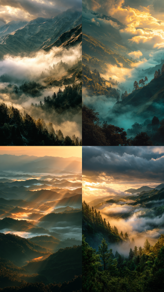 群山上的云海景观手机壁纸，采用深绿色和白色的对比色调，群山之间云海飘荡，太阳在高空散发着金色暖光，整体构图神秘且浪漫，适合作为主屏幕背景。真实感渲染，摄影，森林，高细节，高品质，全高清.1080p,2k,4k,8k