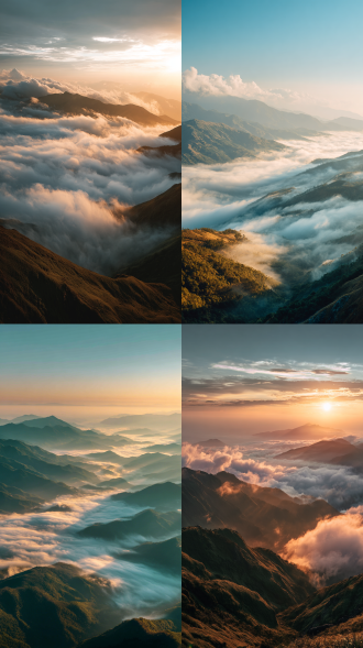 群山上的云海景观手机壁纸，采用深绿色和白色的对比色调，群山之上云海飘荡，露出山尖，太阳在高空散发着金色暖光，整体构图神秘且浪漫，色调浪漫柔和，视觉冲击强烈，适合作为主屏幕背景。真实感渲染，摄影，高细节，高品质，全高清.1080p,2k,4k,8k