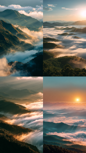 群山上的云海景观手机壁纸，采用深绿色和白色的对比色调，群山之上云海飘荡，露出山尖，太阳在高空散发着金色暖光，构造出神奇的丁达尔光，整体构图神秘且浪漫，色调浪漫柔和，视觉冲击强烈，适合作为主屏幕背景。真实感渲染，摄影，高细节，高品质，全高清.1080p,2k,4k,8k
