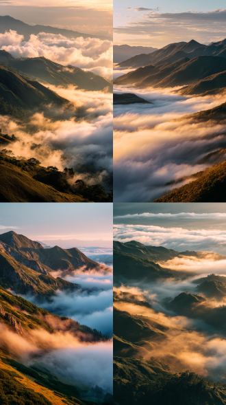 群山上的云海景观手机壁纸，采用深绿色和白色的对比色调，群山之上云海飘荡，露出山尖，太阳在高空散发着金色暖光，给云海披上了一层金色的外衣，整体构图神秘且浪漫，色调浪漫柔和，视觉冲击强烈，适合作为主屏幕背景。真实感渲染，摄影，高细节，高品质，全高清.1080p,2k,4k,8k