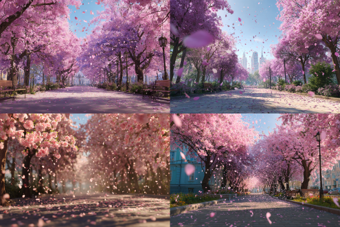 城市公园的樱花树，春季盛开，空中飘落着樱花花瓣。风景照，真实感渲染，摄影，高细节，高品质，全高清.1080p,2k,4k,8k