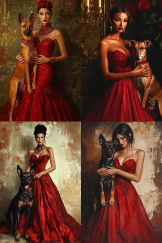 身穿红色礼服的贵妇，手牵法老王猎犬，漫画风格，油画质感