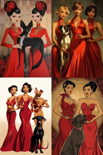 身穿红色礼服的贵妇，手牵法老王猎犬，漫画风格