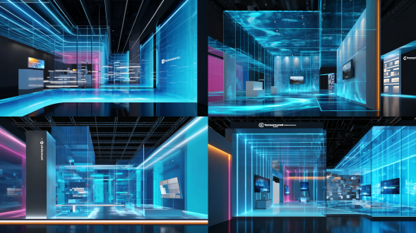 展厅，试听空间，音乐元素，发光灯带，烤瓷，漫反射，蓝色氛围，玻璃，封顶，顶有光源，无人，通透，广角镜头，3d，科技感，沉浸，极简风，展台，led屏，电视，小屏幕，灯带