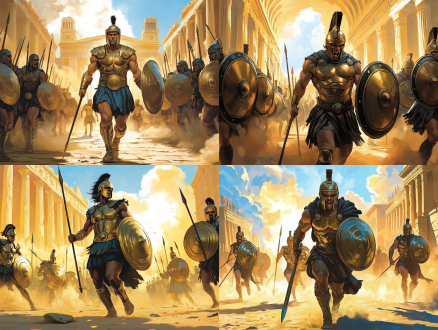 斯巴达勇士，肌肉发达，古铜色皮肤，手持长矛和圆盾，头戴科林斯式头盔，愤怒表情，战场硝烟弥漫，破碎的城墙，夕阳背景，电影级光影，高对比度，暖色调，广角镜头，动态模糊，战斗姿态，尘土飞扬，史诗感，英雄主义，战士怒吼。