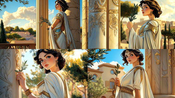 古罗马女性站立于大理石柱旁，身着白色长袍与金色饰品，手持橄榄枝，古典雕塑风格，黄昏光线，地中海背景，柔焦镜头，暖色调，庄严宁静，优雅高贵，细节精致，历史感，浅景深，侧逆光，自然柔和，复古油画质感，典雅端庄。