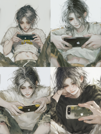 黑发帅气男子虎牙微笑，清透妆容自然唇色，白皙真实皮肤明显腹肌，上下构图坐地双腿打开，专注打游戏手持苹果手机，柔和模糊背景自然光浅景深，冷色调青春活力轻松氛围，高细节特写，柔焦效果，侧逆光，生动表情，休闲装，电竞风格，低饱和度。