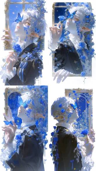 a young elf boy with silver hair streaked with blue, golden eyes, a blue butterfly delicately covering one eye, pointed elf ears, wearing an elegant black suit with blue frilled bows and blue floral hair accessories. he stands in a half‑turn, one hand lightly resting on a gilded window frame, the other gently holding a single blue rose near his chest, gazing softly toward the viewer. background: a moonlit elven garden visible through an arched window, with climbing blue vines, glowing fireflies, and distant starry sky, all rendered in soft watercolor washes. knee‑up composition, vertical 9:16 frame, character positioned slightly off‑center left, window and garden filling the right background. delicate and intricate details, soft pastel palette, anime illustration style, high detail, white border margin for breathing room.