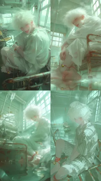 masterpiece, best quality, ultra-detailed, thick digital painting combined with acrylic paint texture, brush strokes, paint texture, a young teenage male(17-19 years old), soft pale skin, fluffy messy short white hair, big dark eyes, faint blush on cheeks, small fangs peeking out, gentle smile, worn striped hospital gown, frayed torn fabric, bara feet, red string anklet with a small golden bell on ankle, sitting on rusty old metal hospital bed, abandoned dilapidated hospital ward, peeling mint green walls, rust stains, iv drip hanging above, empty wheelchair in background, large windows with soft diffused pale greenish light, flooded floor, still water surface reflecting the scene, faint mist floating in air, soft hazy glow, muted cool mint green and pale cyan color palette, cinematic soft lighting, dreamy eerie quiet atmosphere, depth of field