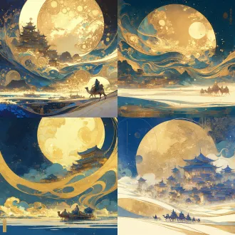 a stunning chinese fantasy illustration, in the foreground, a camel caravan with travelers walking through flowing golden sand dunes. the sand dunes surrealistically blend into stylized deep blue ocean waves and swirling auspicious clouds. in the background, a majestic ancient chinese city with traditional pagodas glowing in warm amber and gold. a giant textured golden full moon in a deep starry night sky. dunhuang mural style, rich contrast of golden yellow and ultramarine blue, gold leaf texture, thick impasto, s-curve composition, dreamy, epic, mysterious, masterpiece, highly detailed, 8k