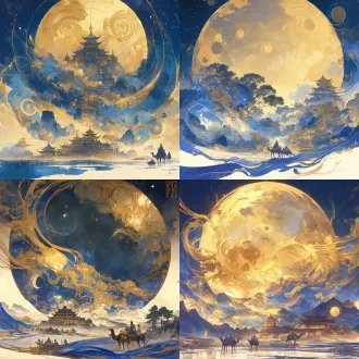 a stunning chinese fantasy illustration, in the foreground, a camel caravan with travelers walking through flowing golden sand dunes. the sand dunes surrealistically blend into stylized deep blue ocean waves and swirling auspicious clouds. in the background, a majestic ancient chinese city with traditional pagodas glowing in warm amber and gold. a giant textured golden full moon in a deep starry night sky. dunhuang mural style, rich contrast of golden yellow and ultramarine blue, gold leaf texture, thick impasto, s-curve composition, dreamy, epic, mysterious, masterpiece, highly detailed, 8k
