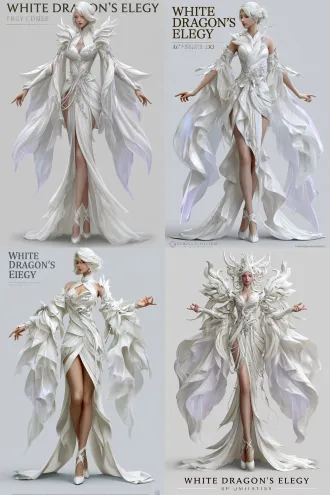 chinese fantasy mobile dress-up game costume design, premium sp-rarity female character outfit, named “white dragon’s elegy” use the uploaded 3d mannequin image as the strict pose and body-proportion reference. preserve the exact front-facing standing pose, leg placement, crossed ankles, arm positions, hand gestures, body proportions, camera angle, and full-body framing. design the costume directly on this mannequin as a production-oriented 2d game character outfit illustration. the design is an exquisite, luxurious chinese ancient-fantasy female costume inspired by a celestial white dragon. strong chinese fantasy fashion identity, elegant traditional chinese garment construction, refined overlapping garment panels, sophisticated waist shaping, distinctive skirt construction, graceful flowing silk, layered pearl-white fabrics, silver embroidery, delicate pearl chains, translucent icy-white silk gauze, subtle iridescent reflections in pale lavender and icy blue. white and pearl-silver palette, absolutely no gold. the outfit must have a clearly designed and recognizable silhouette, original chinese-inspired tailoring, elegant feminine proportions, and a deliberate hierarchy of large shapes, medium-sized ornaments, and restrained fine details. the white dragon theme is integrated into the garment’s cut, flowing lines, and sculptural fabric shapes rather than literal dragon illustrations or excessive crystal decorations. full-body front view, character centered, entire costume visible from headpiece to feet, clean neutral light-gray background, professional 2d mobile game costume illustration, polished digital painting, clean contours, clear garment construction, controlled highlights, readable fabric layers, elegant and glamorous female-oriented game art. no environmental scenery, no palace, no moon, no landscape, no promotional poster, no text, no typography, no multiple views, no additional characters, no redesigned pose, no dramatic camera angle, no western fantasy armor, no european ball gown, no bridal gown, no wings, no giant cape, no excessive floating ribbons, no cluttered crystal shards.