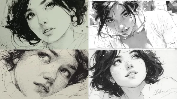 一幅以 dmitry vishnevsky、olympus xa2、eric canete 和 paul hedley 风格创作的中国美女素描肖像。线条细腻，比例得当，意境深远，墨迹晕染