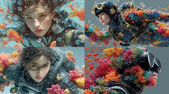 水下场景，有热带珊瑚礁，色彩斑斓的珊瑚，几条热带鱼围绕着一位留着长发的亚洲美女模特，她身着黑色潜水服，戴着由玻璃球构成的头盔，还有脚蹼在水中漂浮。风格是超现实时尚摄影，图像高度逼真。背景是纯浅灰色。周围无其他元素或物体，尽显纯粹极简主义。人物仰浮的全身照。采用水下摄影风格，有水的反射，高清细节，真实的皮肤纹理，富有深度感。受詹姆斯·比德古德作品的启发。