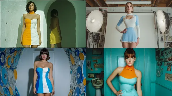 a 1960s mod model in a color-blocked mini dress strikes a pose in a white-walled london studio. the lighting is bright and even, radiating confidence. captured with a nikon f camera and kodachrome film