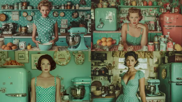 a 1950s housewife in a polka-dot dress bakes under pastel kitchen lights. the mood is cheerful and domesticated, with soft shadows and retro tones. shot on an old rolleiflex twin-lens reflex.