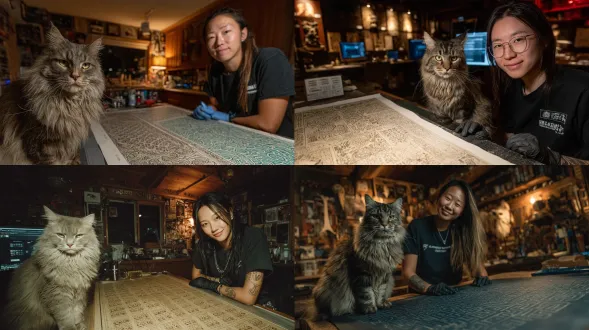 一只长毛猫坐在桌子上，刚纹完身，但纹身完全被它浓密的毛发遮住了，这只猫看起来既困惑又恼火。一位穿着黑色t恤、戴着手套的年轻亚洲女性坐在旁边，尴尬地笑着，桌子上放着一张画有鱼骨图案的纹身样稿，逼真的照片风格，手持iphone 16 pro max的视角，温暖的光线。