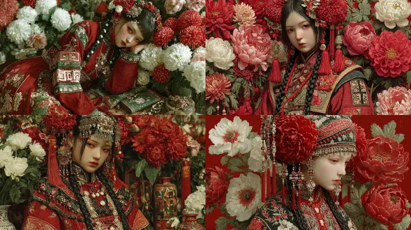 立绘，巨复杂，流苏，花，绘画，巨华丽，多装饰，古风衣，长头发，编发黑色的，纯中国动漫风格，主要中国红色系，全身，小物, 全身镜头。藏袍，图片风格为暗黑童话