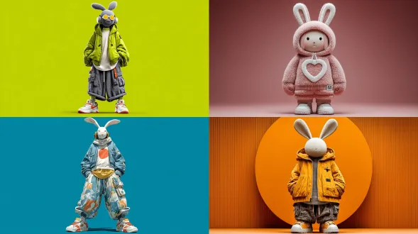 ealistic 3d cartoon character, full body photo, a rabbit wearing human clothing (female), solid color background