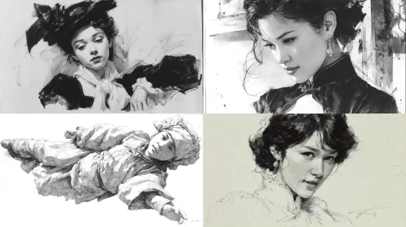 安德鲁·惠斯 （andrew wyeth） 创作的迷人中国美女的快速铅笔涂鸦素描，黑白，漫画风格，纸上，动态笔触类型