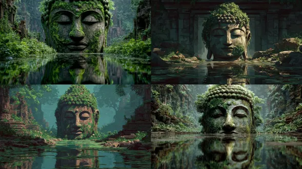 描绘佛陀头像的数字艺术品，设计精美，从佛头上长出绿树，藤蔓环绕着佛头。背景是一片充满古代遗迹的魔法森林，营造出神秘的氛围。佛陀的头前是一条宁静的河流，映照着他宁静的表情。这个场景体现了自然界混乱中的和平