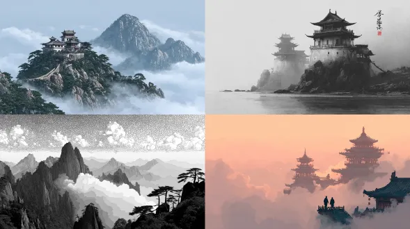 中国风意境，极简风格，云雾缭绕的老君山，吴冠中，皮特·蒙德里安，点彩视觉效果，云中，中国道观建筑，留白，纹理磨砂效果