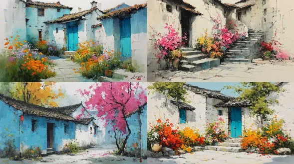 以吴冠中风格，一幅中国式水彩画，描绘了一个开满鲜花的小农舍小院子。采用调色板-刀法，明亮的色调营造出空灵的意境。庭院用简单而生动的笔触描绘，盛开的花朵增添了一抹生机，整体场景散发着宁静与美丽的感觉