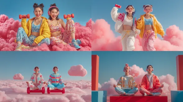 两位美丽的年轻亚洲女性，身着时尚街头运动健身风格服饰，立于粉色云朵中心前漂浮于蓝天中，其一欢快地手持哑铃锻炼，身着欢快活跃之装，另一者做瑜伽时将耳机抵耳听音乐，漂浮于上方，具马戏团简约元素，含红、蓝、白，周围氛围简约蓝红，高分辨率摄影，具简约概念，高细节，现代锐利对焦且超写实，风格似韦斯·安德森。