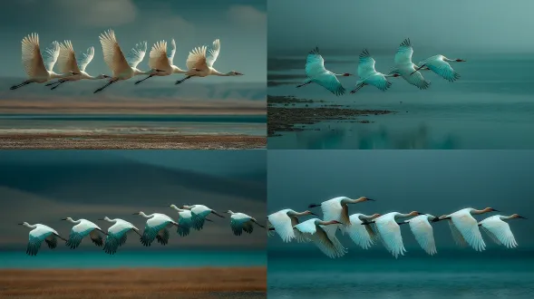 写实照片，电影级质量，一排白鹭在青海湖上飞翔，湖面呈蓝绿色，平静，透明，有纹理，高端，大师级作品，哈苏相机拍摄，高级光影，浅绿色调