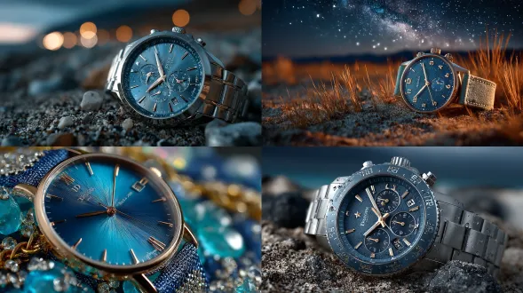 照片特写 dior_montre_grand soir 在阿尔及利亚沙漠的星空之夜。在一个蓝色宇宙中。超焦距镜头 45mm佳能 f16