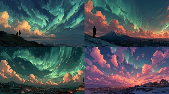 aurora, anime style, sky, space, panoramic view