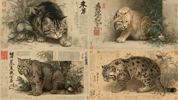 一只成熟的薮猫（超过3岁，非幼猫）全身肖像，仅占据整个构图的十一分之一。猫以动态姿势与鸟类互动（跳跃、伸爪或扑击），明确面向观众。仅显示正面或3/4视角，双眼、鼻子和嘴巴完全可见，耳朵朝前，面部表情对称。绝对不允许侧面或轮廓视角。构图受宋代绘画《富贵花狸图》启发，呈现平衡且富有诗意的布局。背景为优雅的中式庭院，配有稀有植物、精致景观和高档自然元素。所有可见物品（包括装饰品、器皿和家具）均为中国一级文化文物，如玉雕、青铜香炉、宋代瓷器和皇家硬木工艺品。作品采用混合媒介风格：彩色铅笔结合粉彩笔，叠加中国传统工笔画的精致纹理和精确度。色调统一精致，使用柔和和谐的色彩，最小化对比或互补色。整个场景唤起富有诗意、博物馆级的古典中国美学氛围。