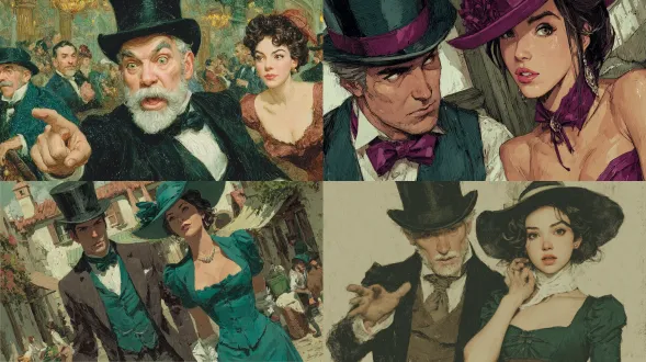 迷人的维多利亚时代绅士戴礼帽在前伸出手，脸红的淑女身着紧身裙害羞地跟在后，细节丰富的彩色插画，浪漫小说风格。高清画质，