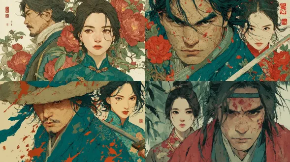 中国剑客身着飘逸汉服袍手持剑在前，优雅的中国女子身着绣花旗袍藏在后，细节丰富的彩色插画，浪漫小说风格。