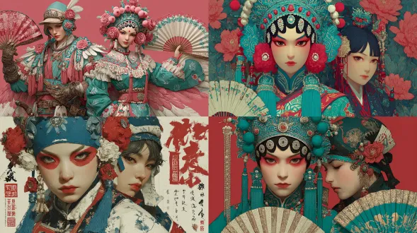 魅力四射的中国京剧演员化浓妆在前摆姿势，痴迷的中国粉丝女孩身着现代汉服从后欢呼，细节丰富的彩色插画，浪漫小说风格。